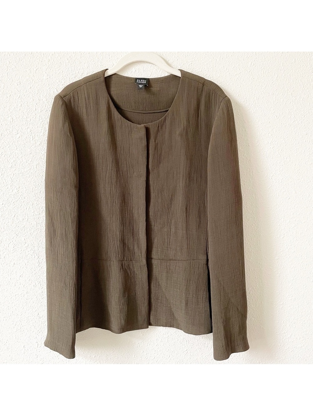 Eileen Fisher Collarless Textured Blazer Silk Blend Olive Brown Size Medium